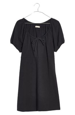 Madewell Seersucker Knit Puff Sleeve Dress in True Black