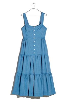 Madewell Stripe Button Front Tiered Midi Dress in Cerulean Blue