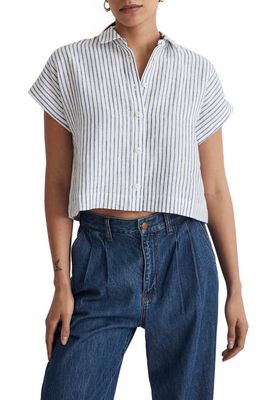 Madewell Stripe Dolman Crop Button-Up Linen Shirt in Bluestone