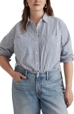 Madewell Stripe Patch Pocket Oversize Poplin Button-Up Shirt in Riverside Stripe Pure Blue
