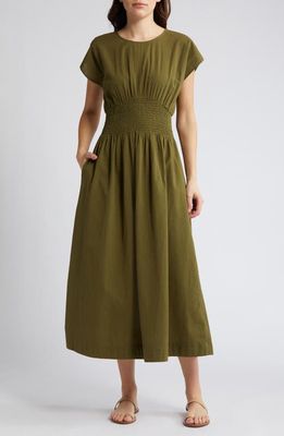 Madewell Stripe Smocked Waist Seersucker Midi Dress in Desert Olive