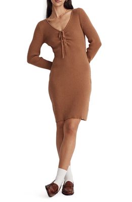 Madewell Tie Front Long Sleeve Ruched Body-Con Minidress in Hthr Cedar
