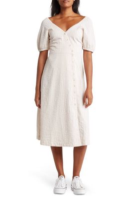 Madewell Undyed Stripe Puff Sleeve Button Wrap Midi Dress in Natural