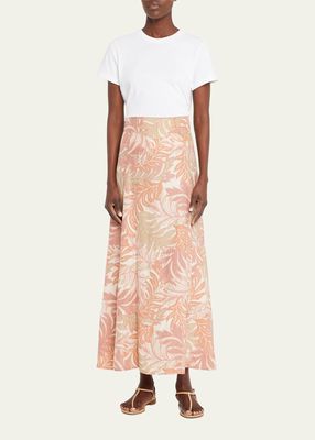 Madison Leaf-Print Silk Maxi Skirt