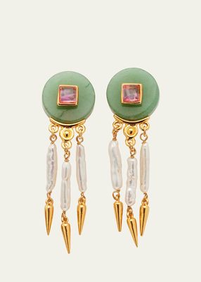 Madre Pearl, Aventurine and Rose Crystal Clip Earrings