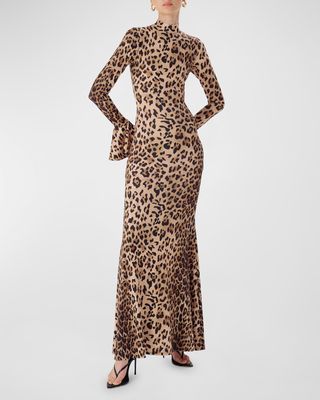 Maeve Leopard-Print Mock-Neck Maxi Dress