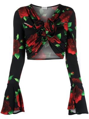 Magda Butrym cropped rose-print twist-front blouse - Black