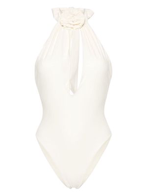 Magda Butrym floral-appliqué halterneck swimsuit - White