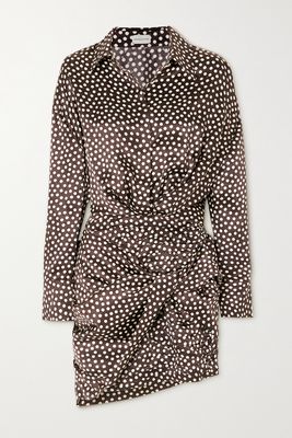 Magda Butrym - Gathered Polka-dot Silk-jacquard Mini Shirt Dress - Brown