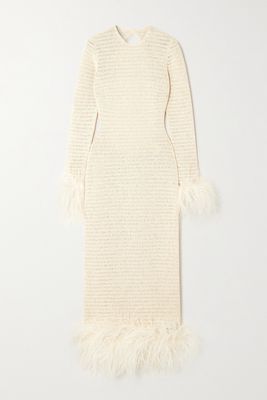 Magda Butrym - Open-back Feather-trimmed Crocheted Cotton-blend Midi Dress - Cream