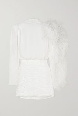 Magda Butrym - Open-back Ruched Feather-trimmed Silk-satin Mini Dress - White