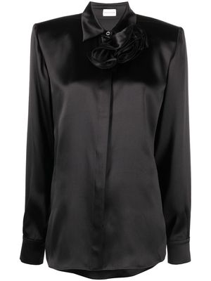 MAGDA BUTRYM rose-appliqué silk long-sleeve blouse - Black