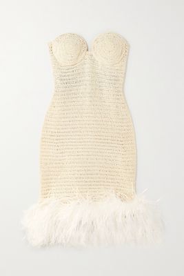 Magda Butrym - Strapless Feather-trimmed Crocheted Cotton-blend Mini Dress - Cream