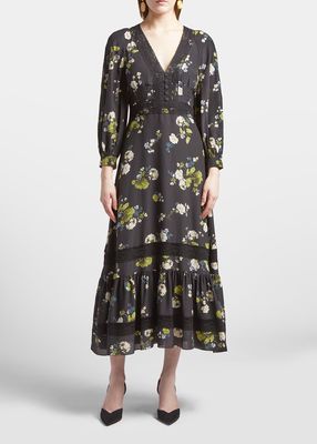 Magdalene Garden-Print Lace-Trim Maxi Silk Dress
