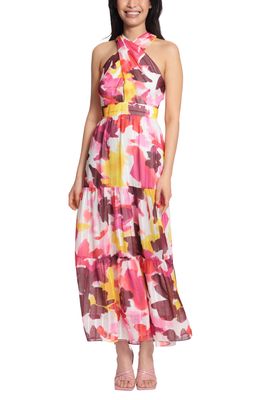 Maggy London Abstract Floral Halter Neck Maxi Dress in Magenta Soft White