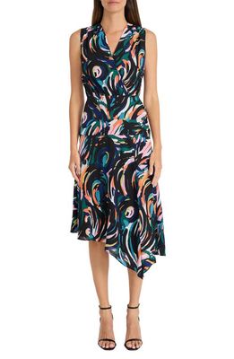 Maggy London Abstract Print Asymmetric Dress in Black/Green Acres