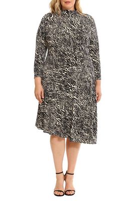 Maggy London Abstract Print Long Sleeve Asymmetric Hem Dress in Charcoal/Cream