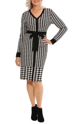 Maggy London Button Front Belted Long Sleeve Midi Dress in Black/Ivory