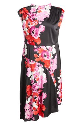 Maggy London Floral Asymmetric Hem Dress in Black/Phlox Pink
