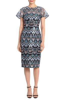 Maggy London Floral Embroidered Cocktail Sheath Dress in Blue Multi