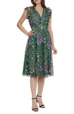 Maggy London Floral Embroidered Tulle Dress in Lavender/Green