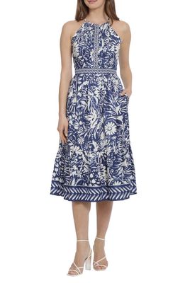 Maggy London Floral Fit & Flare Midi Dress in Navy/Ivory