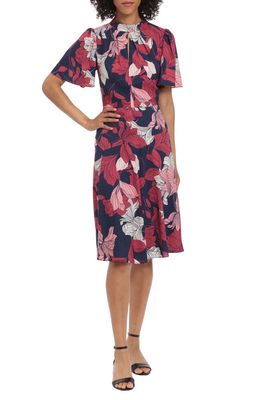 Maggy London Floral Flutter Sleeve Dress in Navy/Earth Red