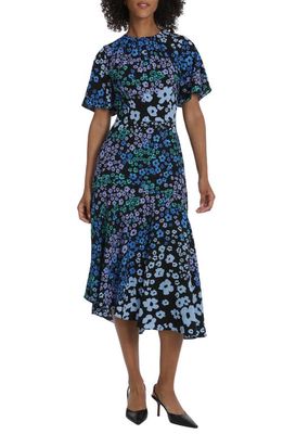 Maggy London Floral Flutter Sleeve Midi Dress in Black/Blue