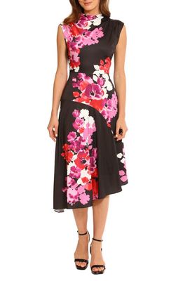 Maggy London Floral Funnel Neck Asymmetric Hem Dress in Black/Phlox Pink