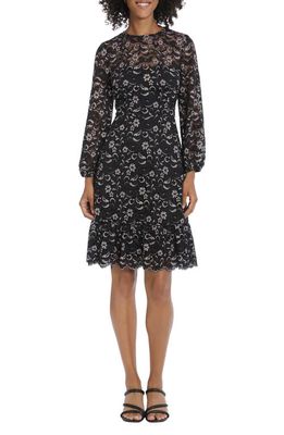 Maggy London Floral Lace Long Sleeve Fit & Flare Dress in Black Multi