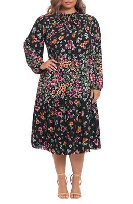Maggy London Floral Long Sleeve Fit & Flare Midi Dress in Black/Wine