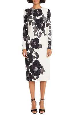 Maggy London Floral Long Sleeve Knit Midi Dress in Soft White/Black