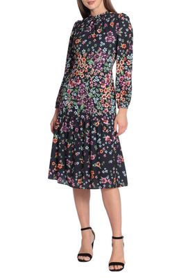 Maggy London Floral Long Sleeve Midi Dress in Black/Orchid