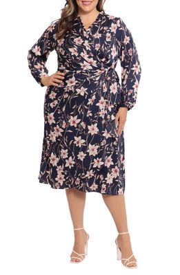 Maggy London Floral Long Sleeve Midi Wrap Dress in Navy/Cream