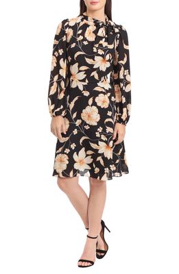 Maggy London Floral Long Sleeve Tie Neck Minidress in Black/Sienna