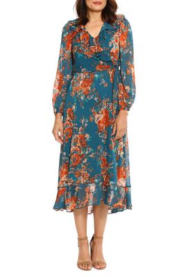 Maggy London Floral Long Sleeve Tiered Faux Wrap Midi Dress in Teal Rust