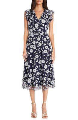 Maggy London Floral Mesh Overlay Dress in Navy/Black/White