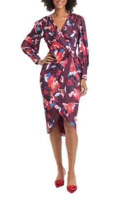Maggy London Floral Print Long Sleeve Faux Wrap Midi Dress in Wine/Hot Coral