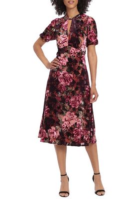 Maggy London Floral Print Puff Sleeve Velvet Midi Dress in Raisin/Wine/Olive