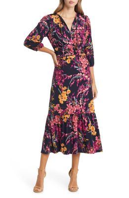 Maggy London Floral Print Ruched Midi Dress in Dark Navy/Dusty Coral