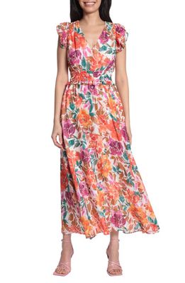 Maggy London Floral Print Ruffle Smocked Maxi Dress in Soft White/Coral
