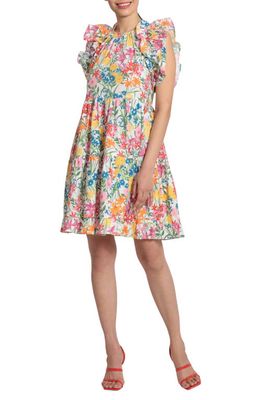 Maggy London Floral Print Ruffle Stretch Cotton Dress in Soft White/Pink