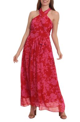 Maggy London Floral Print Sleeveless Dress in Red Fucshia