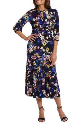 Maggy London Floral Print Tie Neck Ruffle Hem Midi Dress in Navy/Pure Gold