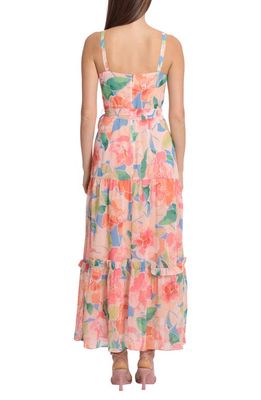 Maggy London Floral Print Tiered Apron Midi Dress in Sky Blue/Peach
