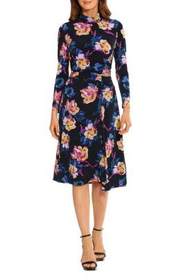 Maggy London Floral Ruched Detail Bracelet Sleeve A-Line Midi Dress in Midnight Navy/French Blue