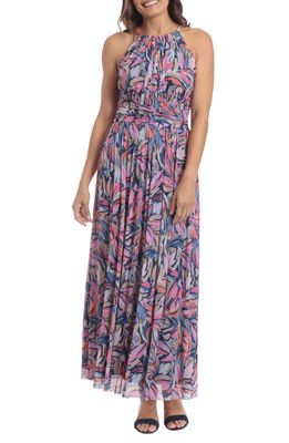 Maggy London Floral Ruched Waist Halter Maxi Dress in Navy/Fuschia