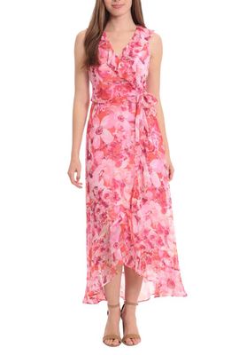 Maggy London Floral Ruffle Sleeveless Faux Wrap Maxi Dress in Coral Pink
