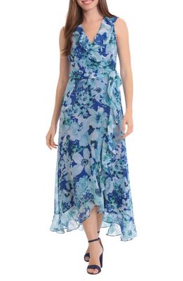 Maggy London Floral Ruffle Sleeveless Faux Wrap Maxi Dress in Royal Turquoise