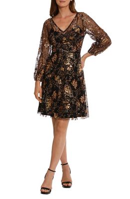 Maggy London Floral Sequin A-Line Dress in Gold Multi